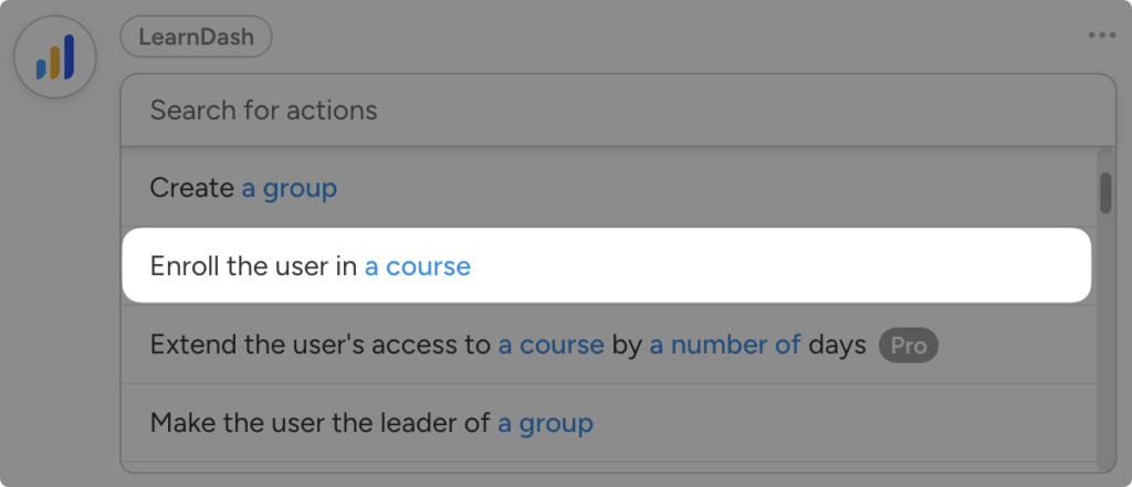 Dropdown list of LearnDash action in Uncanny Automator. The user has highlighted the trigger, “Enroll the user in a course”.