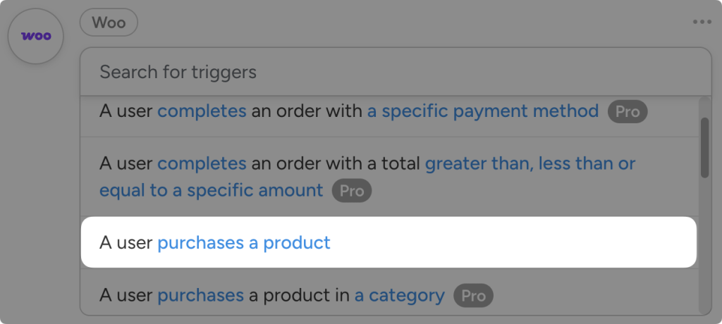 Dropdown list of WooCommerce triggers in Uncanny Automator. The user has highlighted the trigger, “A user purchases a product”.