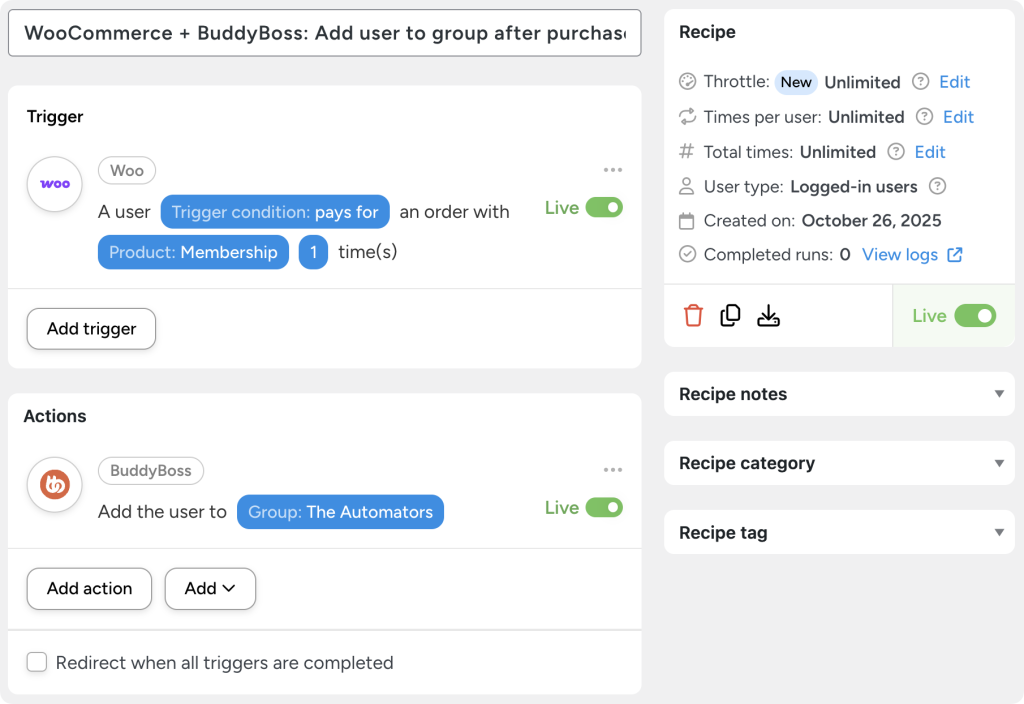 Uncanny Automator recipe to automate WordPress workflows. The recipe adds a user to a BuddyBoss group when they purchase a WooCommerce product.