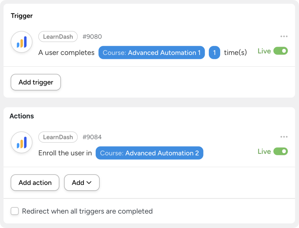 auto-enroll-users-in-new-courses LearnDash automation for drip learning. When a user completes one course, they are automatically enrolled in the next course.