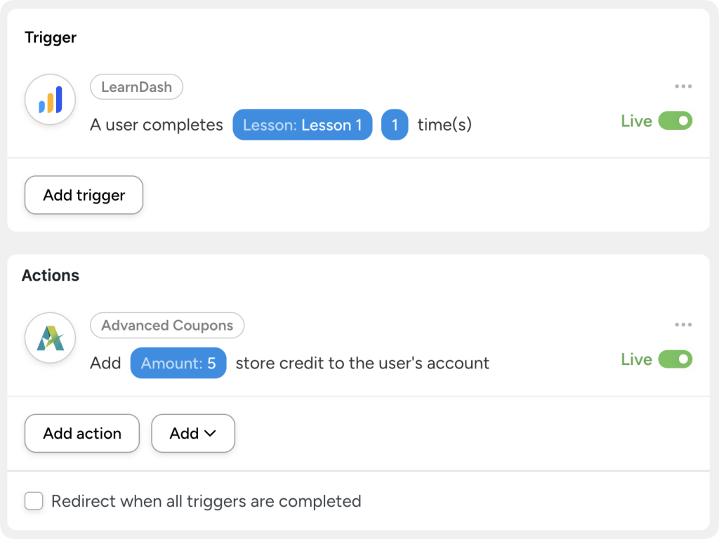 award-learners LearnDash automation workflow with a trigger when a user completes a lesson and an action that awards learners $5 in store credit using Advanced Coupons.