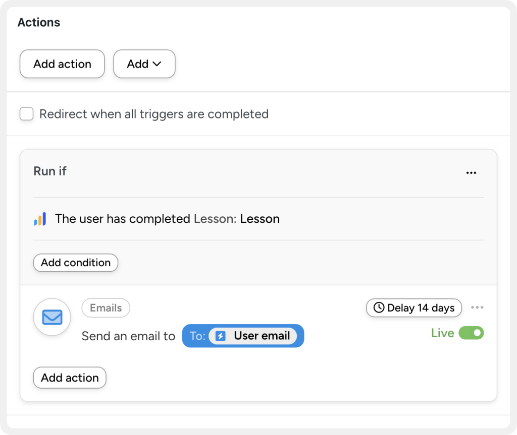 check-in-with-learners A LearnDash automation that sends an email to a learner if they haven’t completed a lesson within 14 days of enrollment.