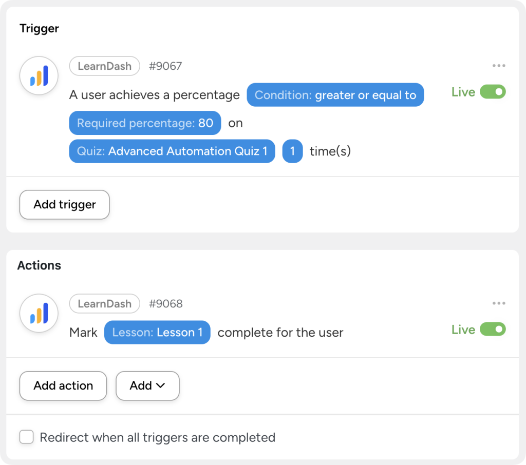 let-advanced-users-skip-ahead LearnDash automation example showing a trigger where a user scores 80% or higher on a quiz and an action that marks a lesson complete, letting advanced users skip ahead automatically.