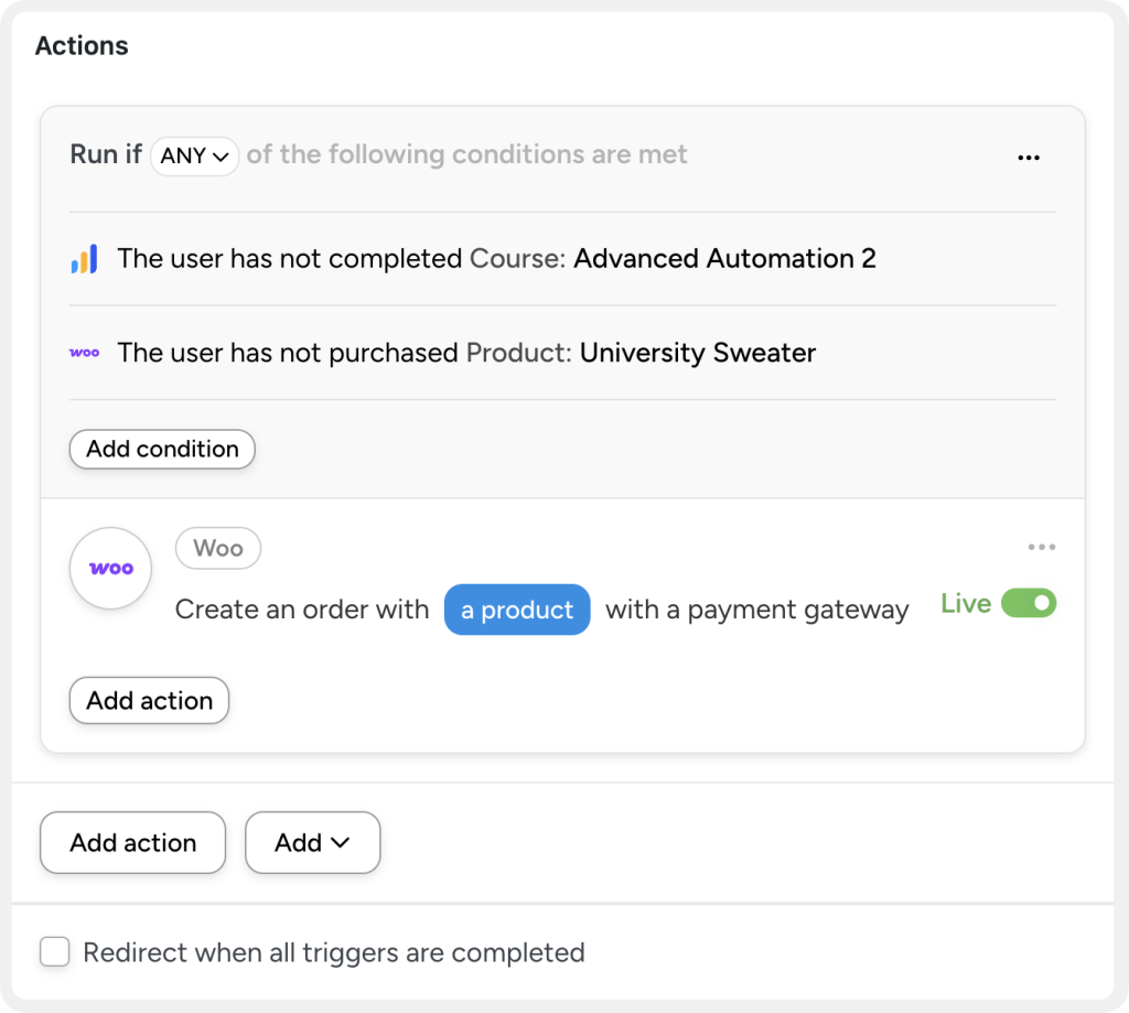 recommend-products-on-course-completion WooCommerce and LearnDash automation that generates an order with a product and a payment gateway when a user completes a course if they haven’t purchased the product before.