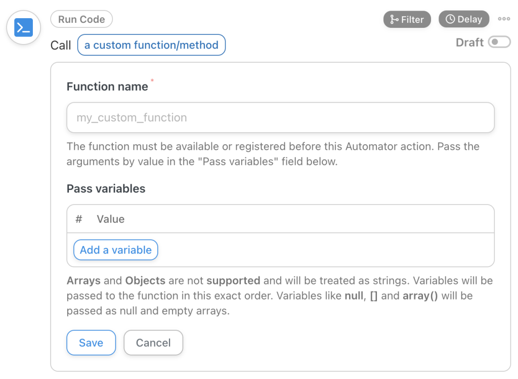 Call a custom function action