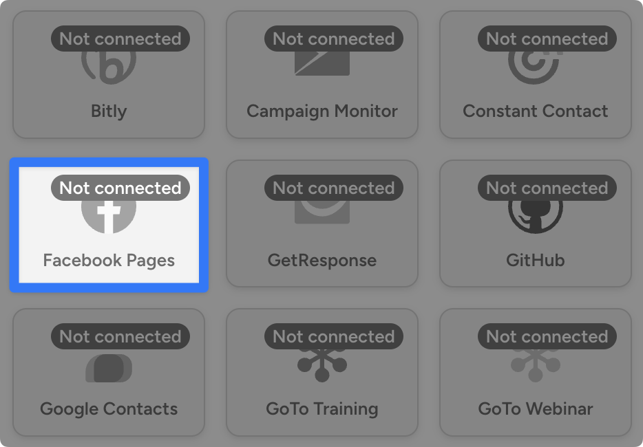 automator-facebook-integration-not-connected Grid of WordPress integrations including Constant Contact, GitHub, and Campaign Monitor. The user has highlighted the Facebook Pages integrations.