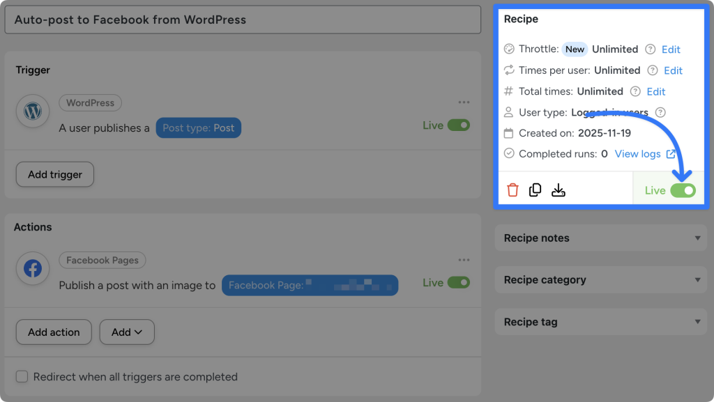 connect-wordpress-to-facebook-recipe Uncanny Automator recipe that connects WordPress to Facebook. Whenever a user publishes a post, Automator posts to a Facebook Page.