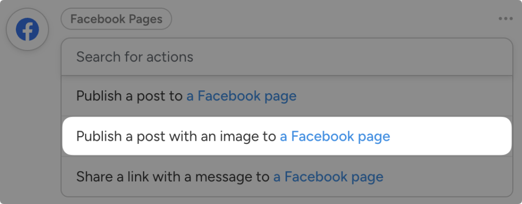 facebook-action-publish-post-with-image-to-facebook-page Dropdown list of Facebook Pages actions in Uncanny Automator. The user has highlighted the action “Publish a post with an image to a Facebook page.