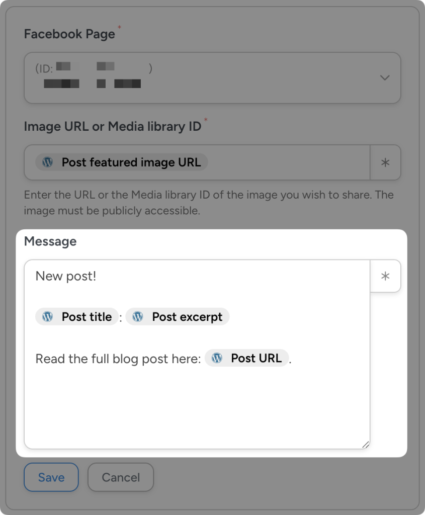 facebook-page-samepl-message Uncanny Automator interface for the Facebook Pages integration. The Message field contains a Facebook post template using WordPress tokens for Post title, Post excerpt, and Post URL, with the text “New post!” and “Read the full blog post here:” displayed.