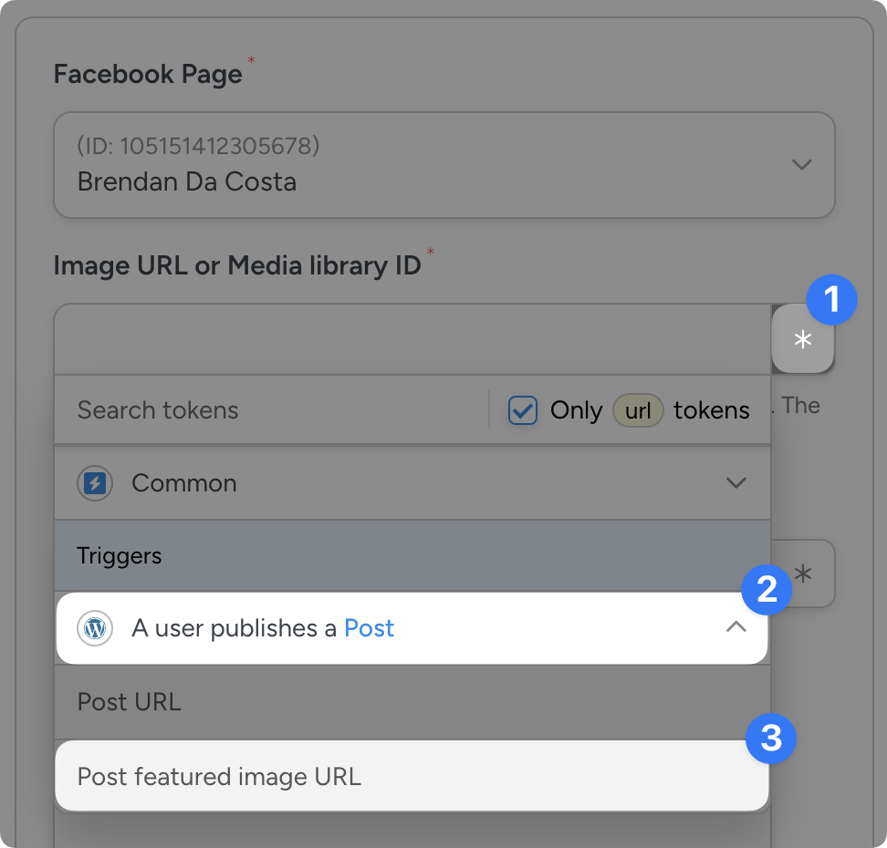 featured-image-url-token Uncanny Automator interface showing Facebook Page settings with a dropdown of URL-only tokens. The user has highlighted the token “Post featured image URL”.