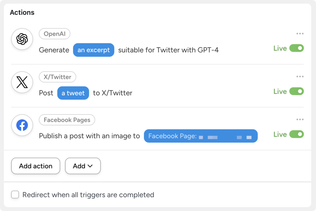 openai-x-facebook-pages-actions Automator actions panel showing three live actions that connect WordPress to Facebook: OpenAI generating an excerpt for X with GPT-4, posting a tweet, and Facebook Pages publishing a post with an image to a selected Facebook Page.