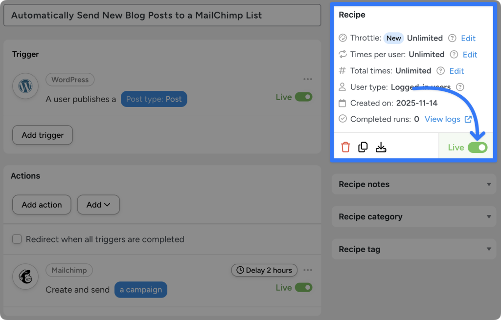 Automator recipe titled ‘Automatically Send New Blog Posts to a MailChimp List,’ showing a WordPress trigger for publishing a post and a Mailchimp action that creates and sends a campaign after a 2-hour delay.