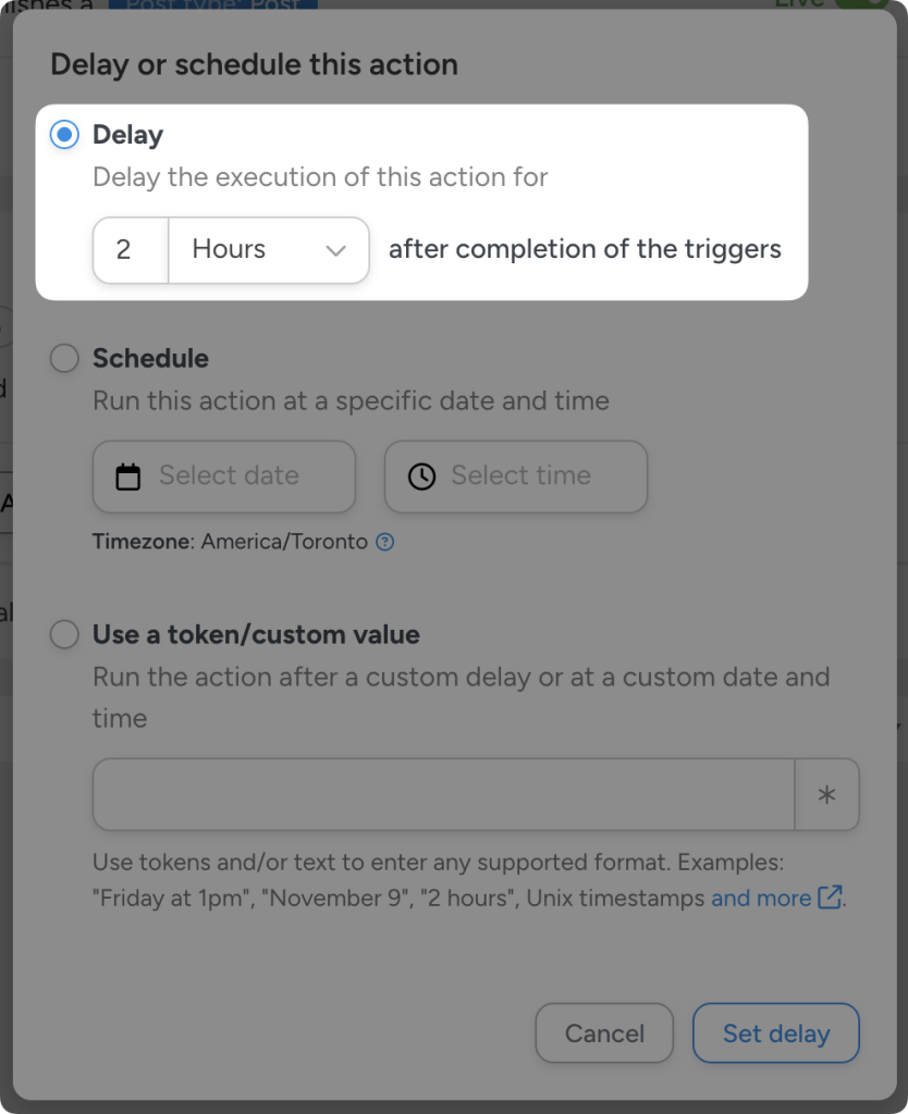 Automator delay settings panel showing options to delay an action by a set time, schedule it for a specific date and time, or use a custom token-based value. The selected option delays the action by 2 hours after trigger completion.