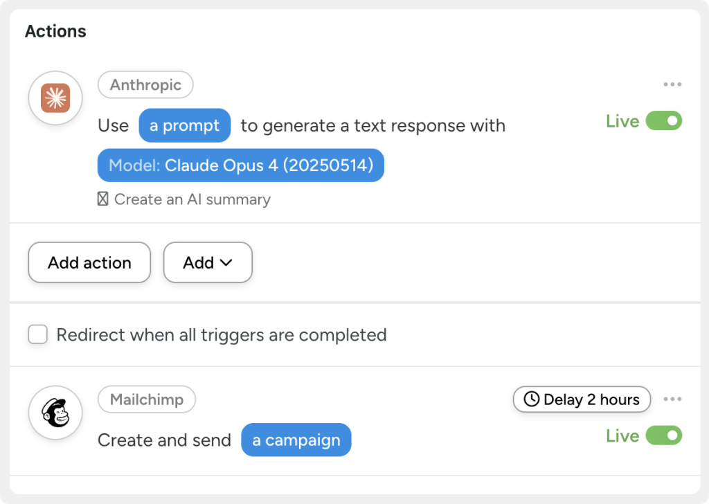Automator actions panel showing an Anthropic step that uses a prompt with the Claude Opus 4 model to generate a text response, followed by a Mailchimp action set to create and send a campaign after a 2-hour delay.