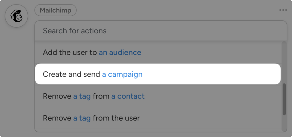 Dropdown list of Mailchimp actions in Uncanny Automator. The user has highlighted the action “Create and send a campaign”.