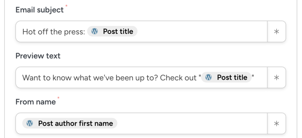 Automator email configuration interface showing fields for automating WordPress post announcements. The email subject reads ‘Hot off the press: Post title,’ the preview text says ‘Want to know what we've been up to? Check out "Post title".