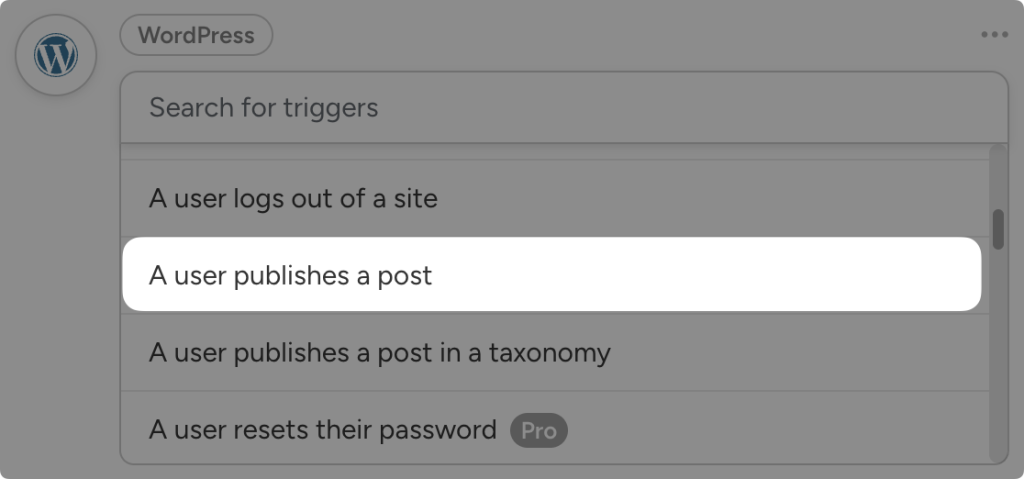 Dropdown list of WordPress triggers in Uncanny Automator. The user has highlighted the trigger, “A user publishes a post”.