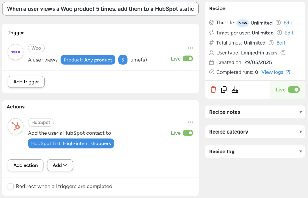 connect-hubspot-to-woocommerce-automator-recipe Uncanny Automator recipe that adds a user to a HubSpot static list labeled “High-intent shoppers” after they view any WooCommerce product five times.