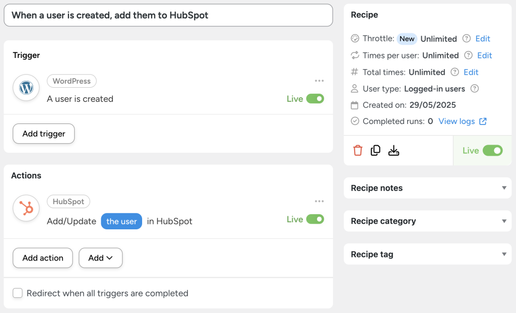 when-wordpress-user-created-add-contact-to-hubspot-automator-recipe Automator recipe demonstrating how to connect HubSpot to WordPress. The recipe triggers when a new WordPress user is created and automatically adds or updates the user in HubSpot.