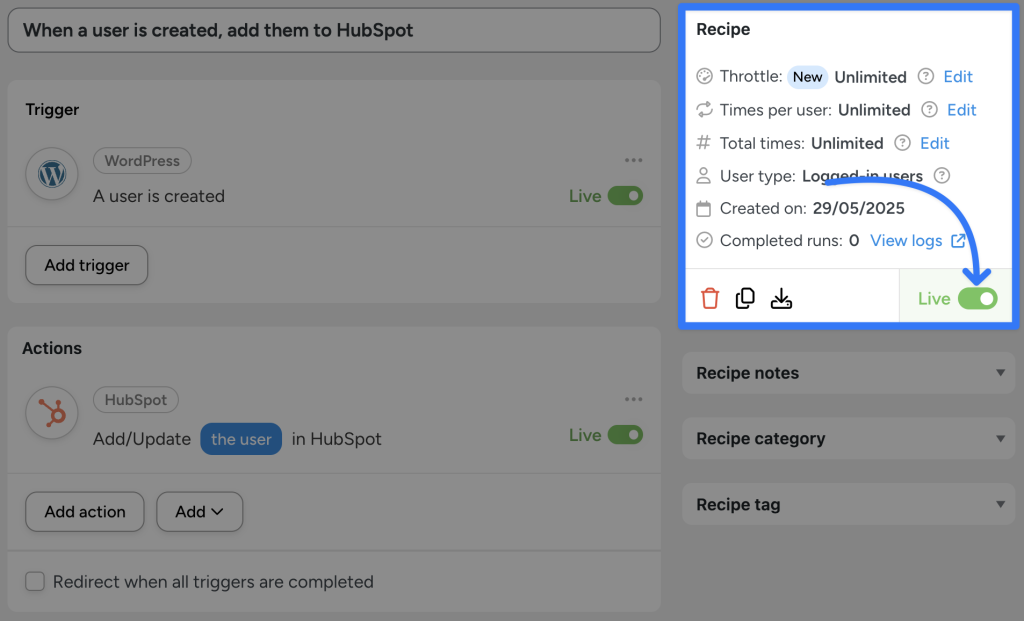 when-wordpress-user-created-add-contact-to-hubspot-automator-recipe-live Automator recipe demonstrating how to connect HubSpot to WordPress. The recipe triggers when a new WordPress user is created and automatically adds or updates the user in HubSpot. The recipe is “Live”.