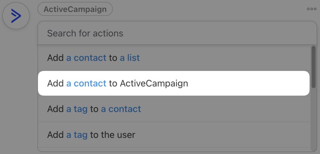 activecampaign-action-add-a-contact-to-active-campaign Uncanny Automator action selection showing "Add a contact to ActiveCampaign" under ActiveCampaign actions.