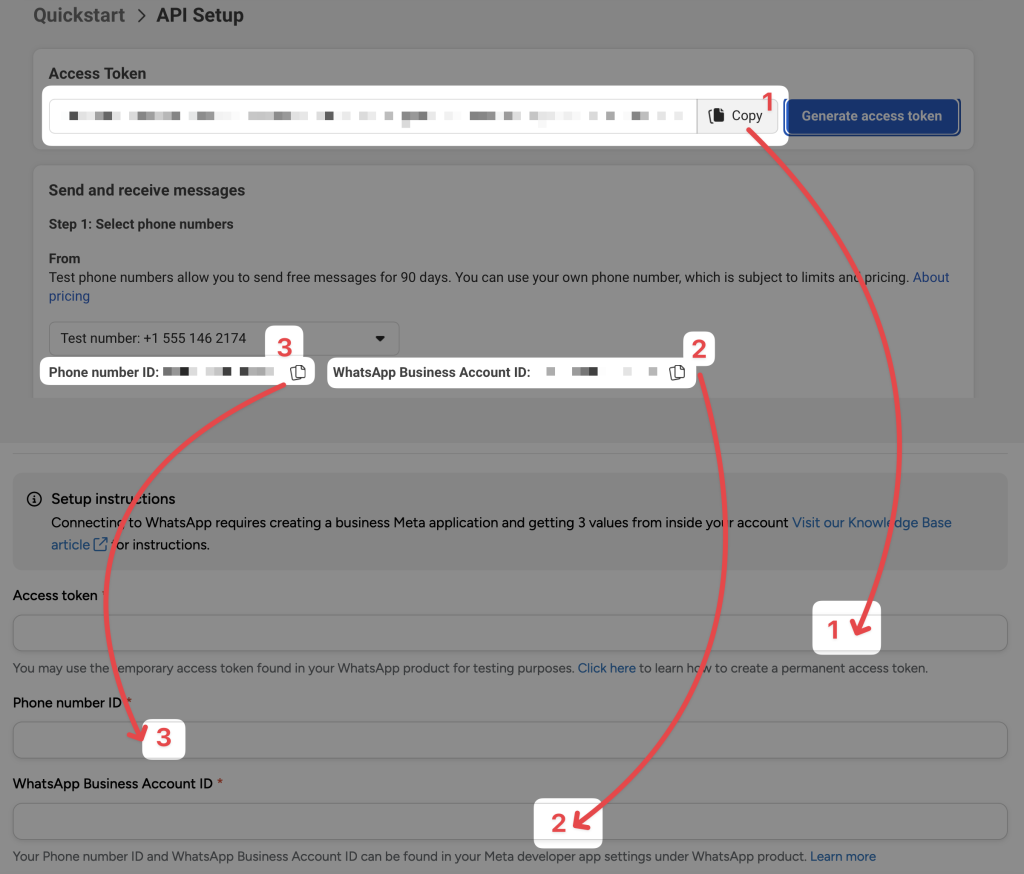 copy-whatsapp-api-credentials-to-automator Quickstart screen for API setup above Automator WhatsApp settings fields, showing copy and paste instructions for placing access token, phone number ID, and WhatsApp Business Account ID.