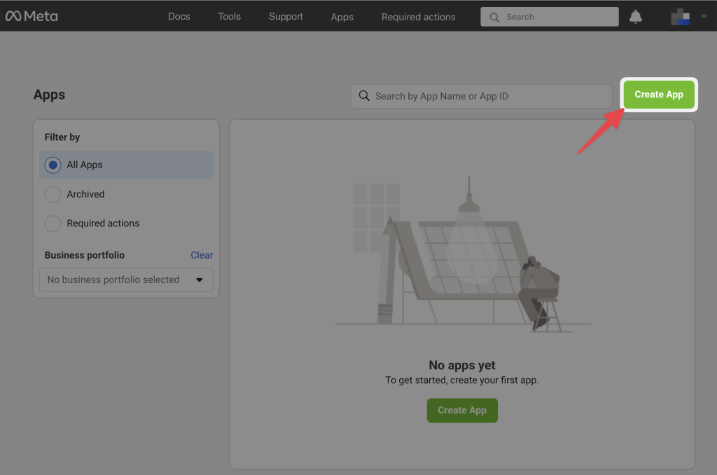 create-meta-app Meta Developer dashboard showing the "Apps" section with a highlighted green "Create App" button in the upper right corner. A red arrow points to the button.