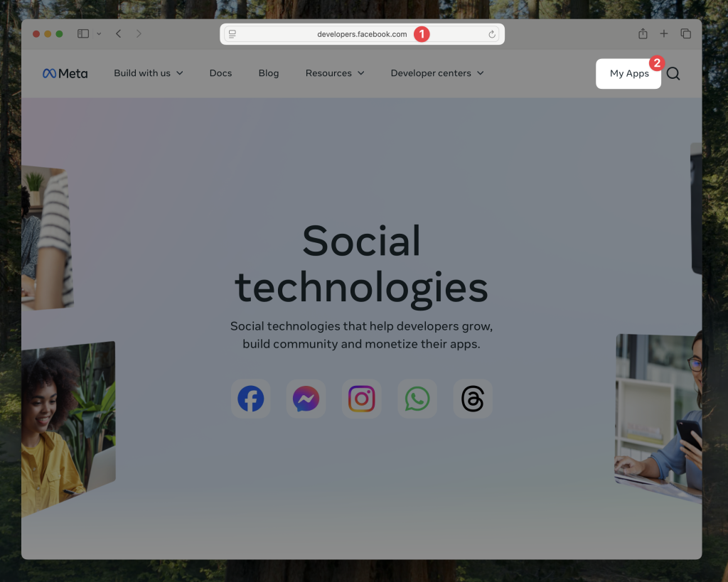 developers.facebook.com-my-apps Meta for Developers homepage with a red label over the browser address bar showing "developers.facebook.com" and another over the "My Apps" button.