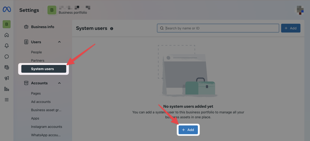 meta-add-system-users Meta Business Settings interface showing how to add a new system user by selecting “System users” from the sidebar and clicking the blue “+ Add” button.