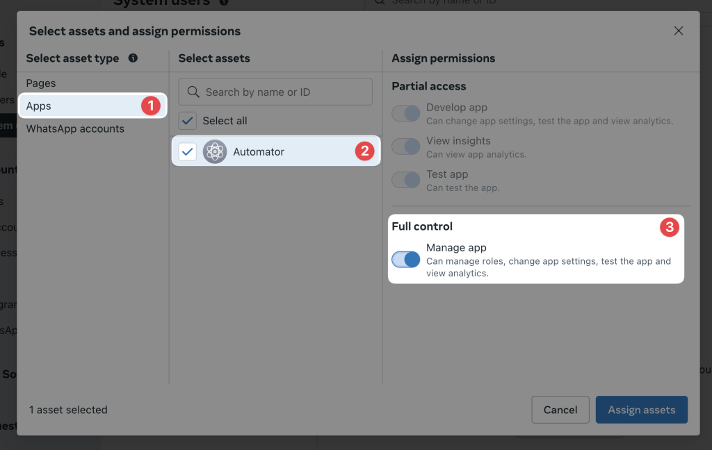 meta-business-assign-assets-to-user Meta Business Manager interface showing the process of assigning full control permissions to a system user for the "Automator" app.