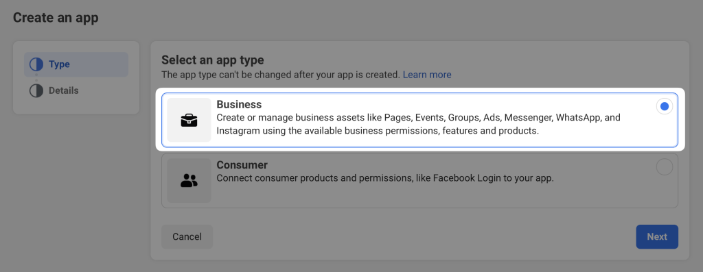 meta-create-an-app-type-business Meta developer dashboard showing the "Select an app type" screen. The "Business" option is selected, allowing the creation or management of assets like Pages, Events, Groups, Ads, Messenger, WhatsApp, and Instagram using business permissions and features.