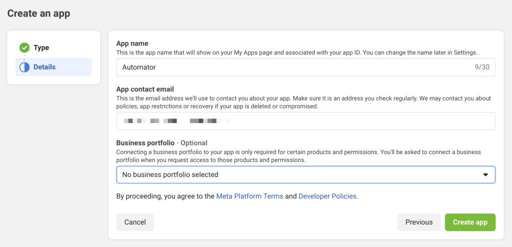 meta-create-app-details Meta developer dashboard showing the final step of app creation. The app name is set to "Automator," an email contact is provided, and the optional business portfolio dropdown is left unselected.