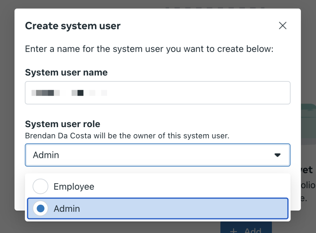 meta-create-system-user Meta interface for creating a system user, showing input fields for the system user name and role selection.