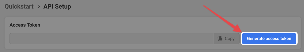 whatsapp-api-generate-access-token The API Setup section under Quickstart on the Meta platform, showing an empty "Access Token" field with a blue "Generate access token" button highlighted by a red arrow. A "Copy" button is also visible next to the input field.