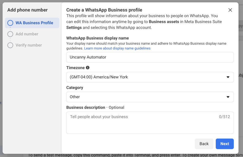 whatsapp-business-profile Form to create a WhatsApp Business profile showing fields for display name, timezone, category, and an optional business description. The "Next" button is highlighted.
