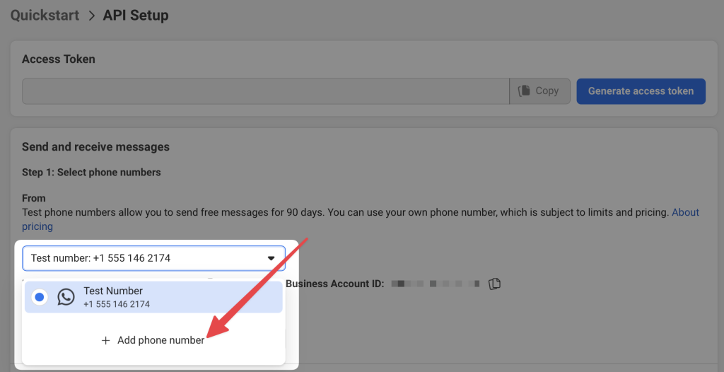 whatsapp-test-number-add-phone-number WhatsApp Business API setup screen showing a test number selection dropdown, with an arrow pointing to the “Add phone number” option for sending and receiving messages.