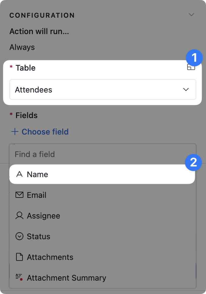 airtable-action-configuration-table-and-field Airtable “Create record” action configuration form. The user has selected a Table labelled “Attendees” and a field labelled “Name”. Both selections are highlighted and numbered.