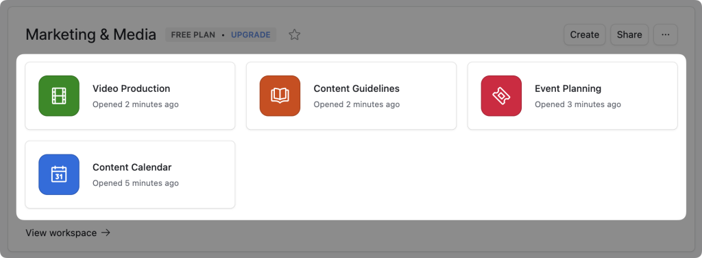 airtable-apps-marketing-and-media A grid of “Marketing & Media” apps in Airtable. The apps include, “Video Production”, “Content Guidelines”, and others.