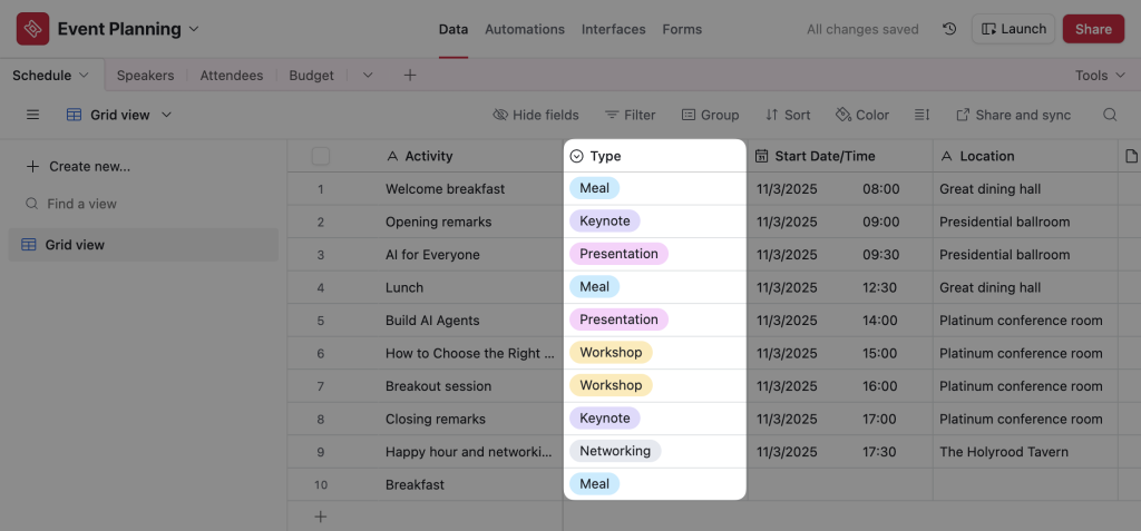 airtable-event-planning-fields An Airtable database titled “Event Planning”. The user has highlighted a column/field titled “Type”.