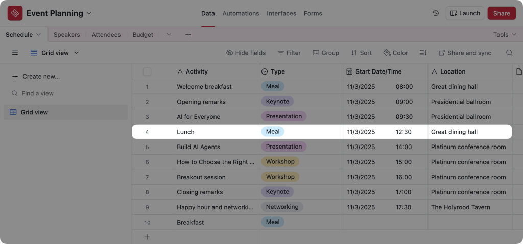 airtable-event-planning-records An Airtable database titled “Event Planning”. The user has highlighted a row/record for an activity labelled “Lunch”.