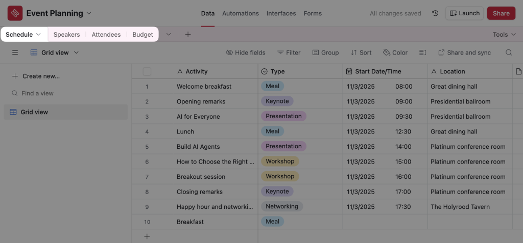 airtable-event-planning-tables An Airtable database titled “Event Planning”. The user has highlighted the tabs for the tables within the database, such as “Schedule” and “Speakers”.