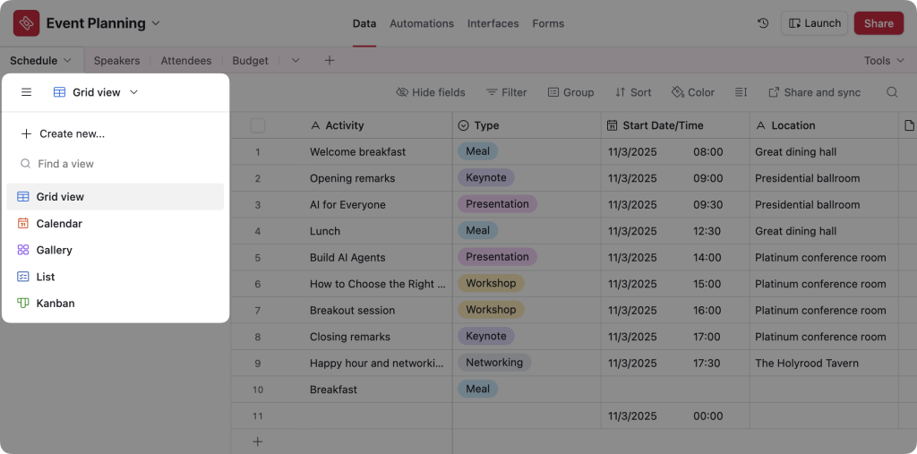 airtable-event-planning-views An Airtable database titled “Event Planning”. The user has highlighted different view options such as “Calendar”, “Gallery”, and “List”.
