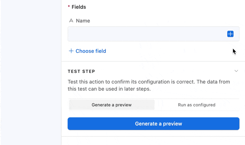 airtable-fields-name-configuration Airtable “Create record” action configuration panel. The user is entering new data into a field labelled “Name”. The user is selecting data from the body of a webhook trigger, “first_name” and “last_name”.
