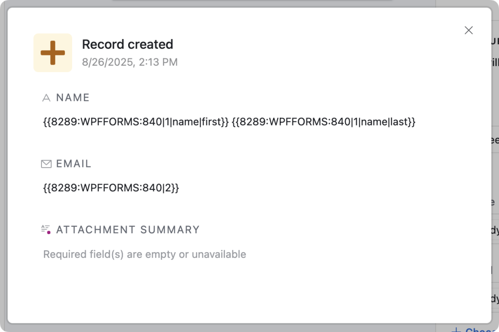 airtable-test-results-record-created Airtable automation test result modal. The modal says “Record created” with a date and time stamp beneath it. The results show the successful entry of data from a webhook in the “Name” and “Email” fields.