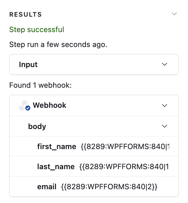 airtable-webhook-test-results A “Results” screen for Airtable webhooks. A message in green reads “Step successful”. The results show that Airtable found one webhook and displays the fields that were transmitted.