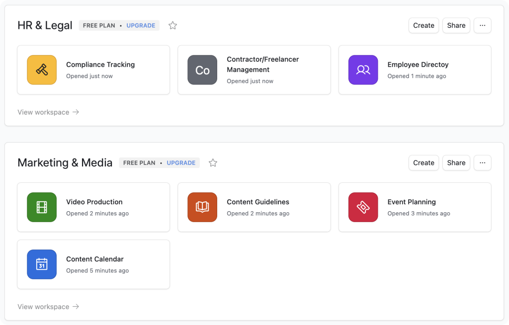 airtable-workspaces A grid of Airtable workspaces, organized into two panels; “HR & Legal” and “Marketing & Media”.