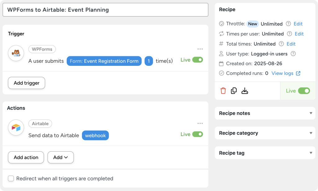 automator-recipe-connect-wordpress-website-to-airtable-wpforms-trigger-airtable-webhook-action Uncanny Automator recipe that connects a WordPress website to Airtable. The recipe "WPForms to Airtable: Event Planning" has a WPForms trigger for "Event Registration Form" submissions and an Airtable action to "Send data to Airtable" via webhook.