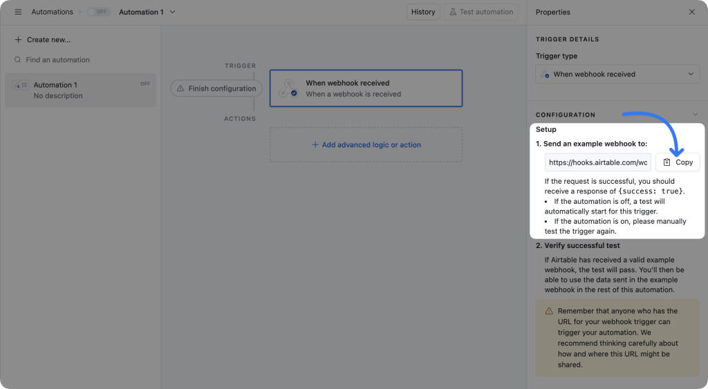 copy-airtable-webhook-url Airtable automation screen. The user has highlighted the “Configuration” panel on the right-hand side with the arrow pointing to a “Copy” button.