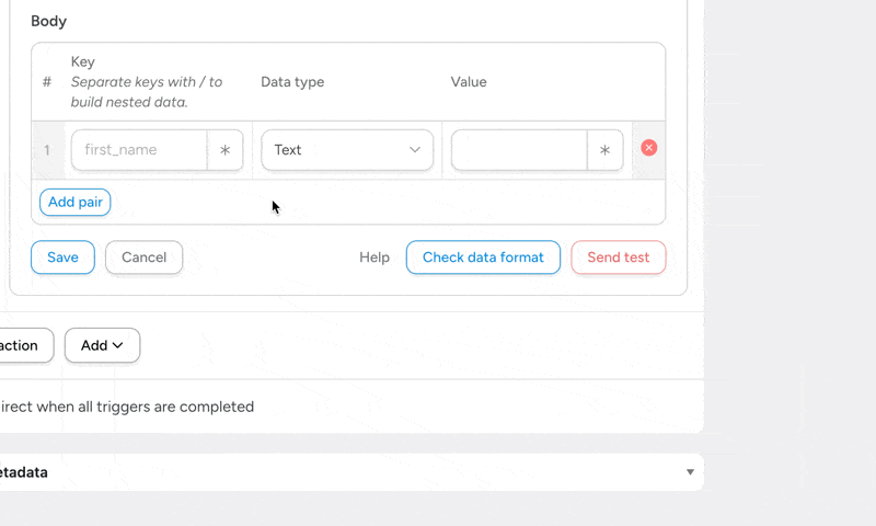 first-name-key-value-pair-for-airtable-webhook Automator webhook configuration form for Airtable integration. In the “Body” field, the user enters key/value pairs, typing in the key “first_name”, leaving the “Data type” unchanged as “Text”, and then selecting a token labelled “First Name” from a WPForms form.