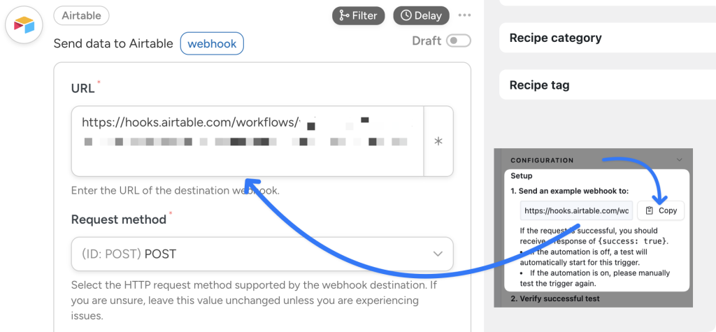 paste-airtable-webhook-url Automator webhook configuration form for Airtable integration. The user has copied the Airtable webhook URL and pasted it into the “URL” field in the Automator form.
